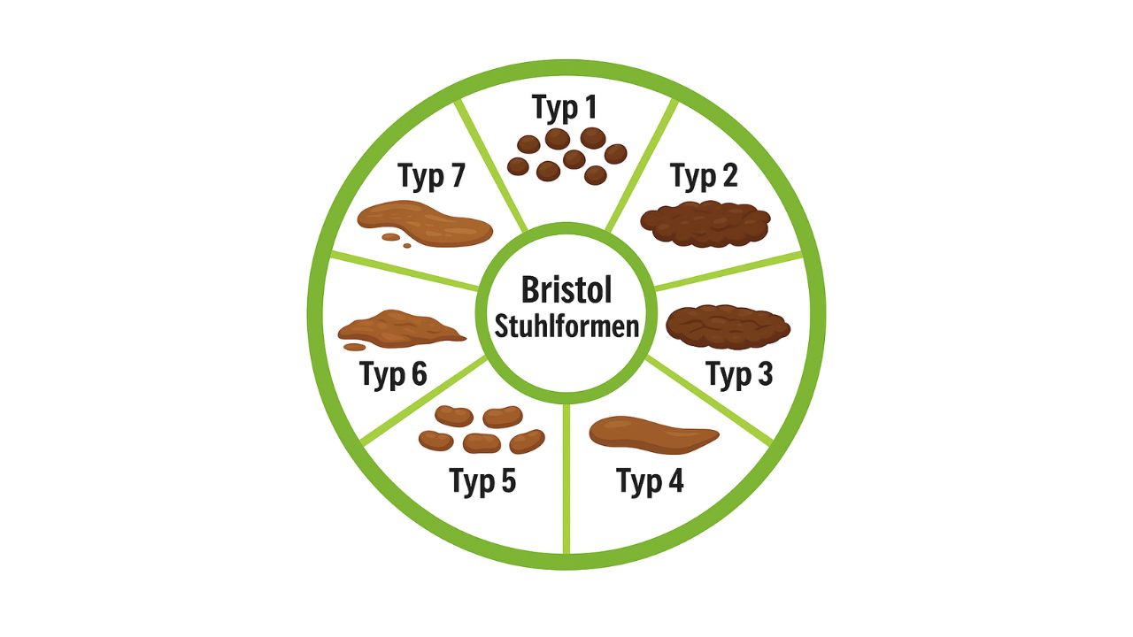 Grafische Übersicht der sieben Bristol-Stuhlformen von Typ 1 bis Typ 7.