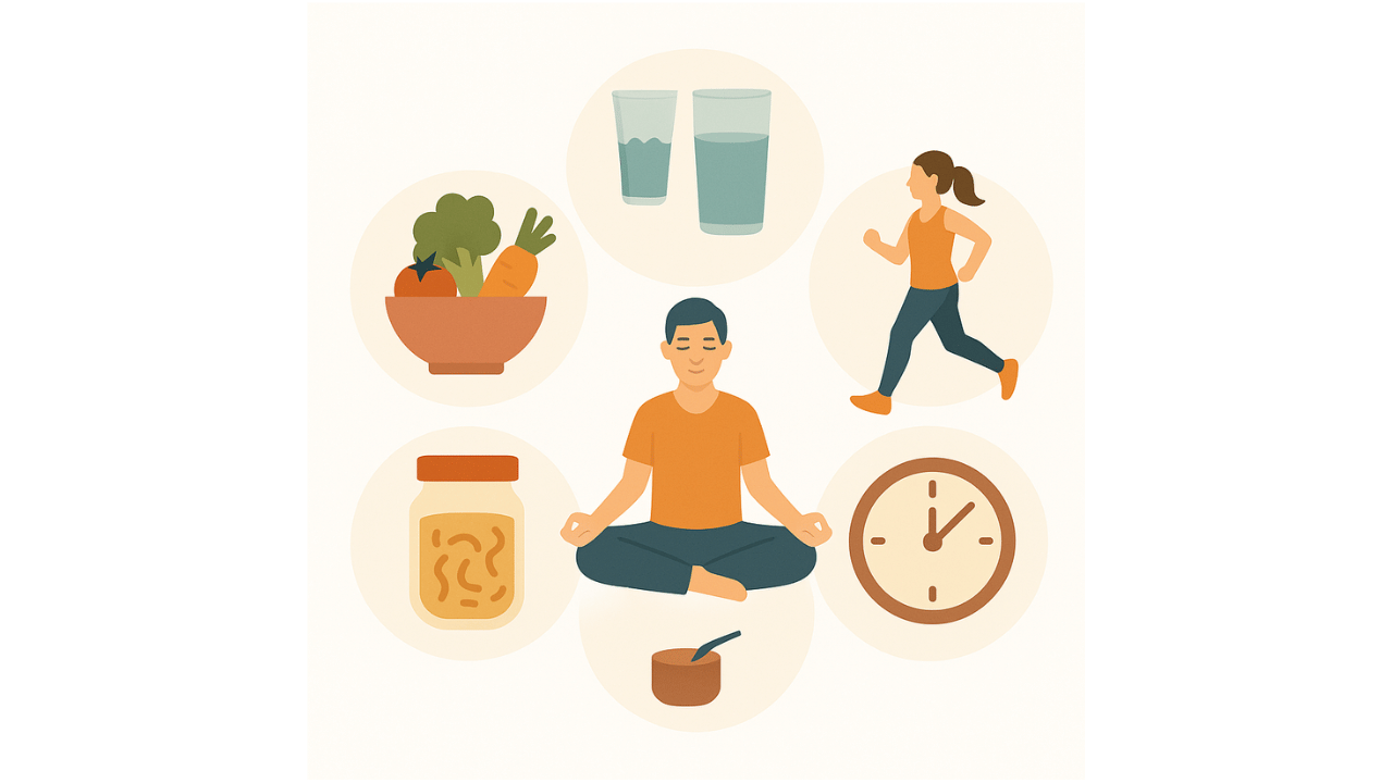 Illustration mit Icons für eine gesunde Verdauung: Wasser, Bewegung, Ernährung, Entspannung und feste Routinen.