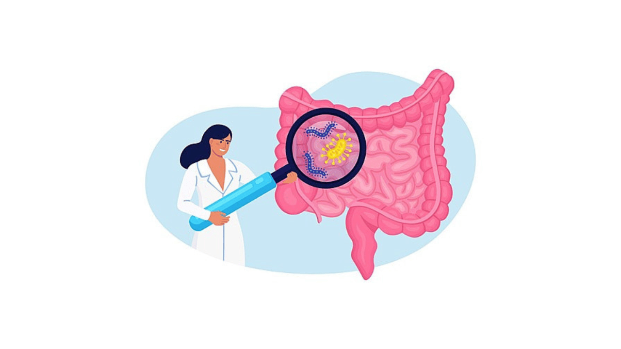 Ärztin untersucht die Darmflora mit einer Lupe – Illustration zum Zusammenhang von Verdauung und Gesundheit.