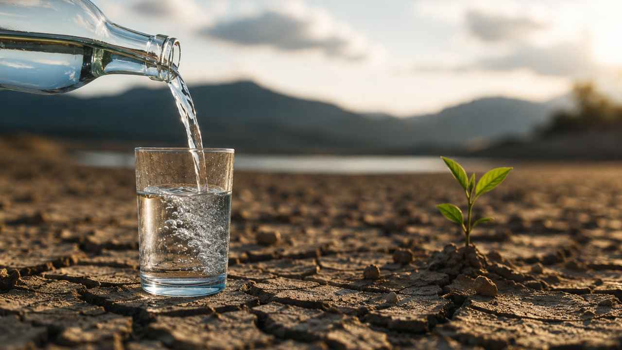 Trinkwasser wird auf trockenem Boden in ein Glas gegossen, daneben wächst eine junge Pflanze.